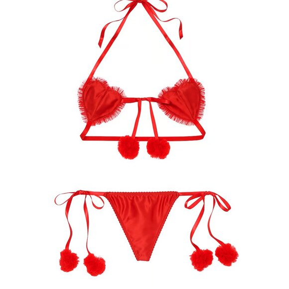 Victoria's Secret Red Satin Tulle Pom poms Heartbreaker Lingerie Set - Picture 3 of 6